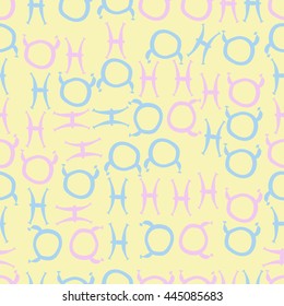 Seamless pattern of zodiac signs, doodles,  object, taurus,pisces. Hand drawn.