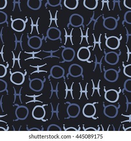 Seamless pattern of zodiac signs, doodles,  object, taurus,pisces. Hand drawn.