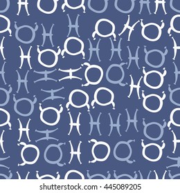 Seamless pattern of zodiac signs, doodles,  object, taurus,pisces. Hand drawn.