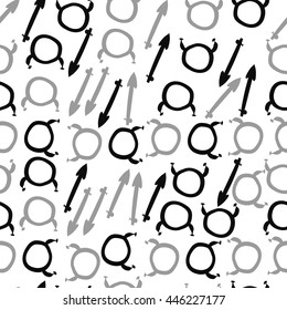 Seamless pattern of zodiac signs, doodles,  object, taurus,sagittarius. Hand drawn.