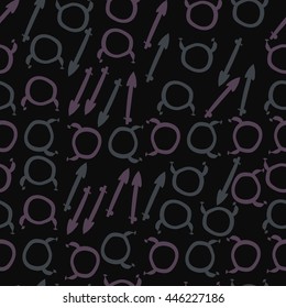 Seamless pattern of zodiac signs, doodles,  object, taurus,sagittarius. Hand drawn.