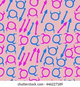 Seamless pattern of zodiac signs, doodles,  object, taurus,sagittarius. Hand drawn.