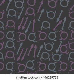 Seamless pattern of zodiac signs, doodles,  object, taurus,sagittarius. Hand drawn.