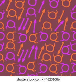 Seamless pattern of zodiac signs, doodles,  object, taurus,sagittarius. Hand drawn.