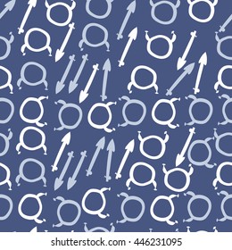Seamless pattern of zodiac signs, doodles,  object, taurus,sagittarius. Hand drawn.