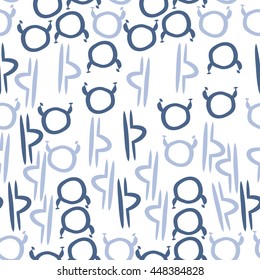 Seamless pattern of zodiac signs, doodles,  object, taurus,libra. Hand drawn.