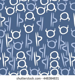 Seamless pattern of zodiac signs, doodles,  object, taurus,libra. Hand drawn.