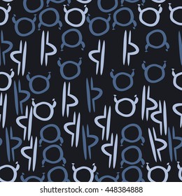 Seamless pattern of zodiac signs, doodles,  object, taurus,libra. Hand drawn.