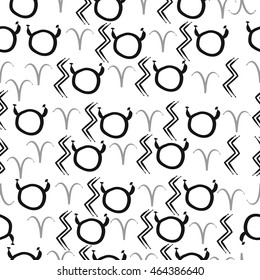 Seamless  pattern of zodiac signs, doodles,  object, taurus,aries, aquarius, . Hand drawn.