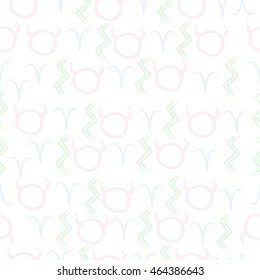 Seamless  pattern of zodiac signs, doodles,  object, taurus,aries, aquarius, . Hand drawn.