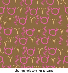 Seamless  pattern of zodiac signs, doodles,  object, taurus,aries, aquarius, . Hand drawn.