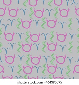 Seamless  pattern of zodiac signs, doodles,  object, taurus,aries, aquarius, . Hand drawn.