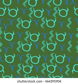 Seamless  pattern of zodiac signs, doodles,  object, taurus,aries, aquarius, . Hand drawn.