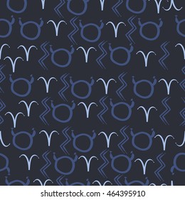 Seamless  pattern of zodiac signs, doodles,  object, taurus,aries, aquarius, . Hand drawn.
