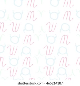 Seamless  pattern of zodiac signs, doodles,  object, taurus,aries, scorpios, . Hand drawn.
