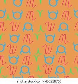 Seamless  pattern of zodiac signs, doodles,  object, taurus,aries, scorpios, . Hand drawn.