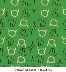 Seamless  pattern of zodiac signs, doodles,  object, taurus,aries, scorpios, . Hand drawn.