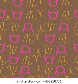 Seamless  pattern of zodiac signs, doodles,  object, taurus,aries, scorpios, . Hand drawn.