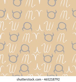 Seamless  pattern of zodiac signs, doodles,  object, taurus,aries, scorpios, . Hand drawn.