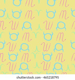 Seamless  pattern of zodiac signs, doodles,  object, taurus,aries, scorpios, . Hand drawn.