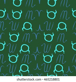 Seamless  pattern of zodiac signs, doodles,  object, taurus,aries, scorpios, . Hand drawn.