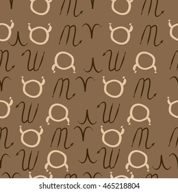 Seamless  pattern of zodiac signs, doodles,  object, taurus,aries, scorpios, . Hand drawn.