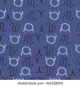 Seamless  pattern of zodiac signs, doodles,  object, taurus,aries, scorpios, . Hand drawn.