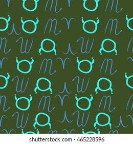Seamless  pattern of zodiac signs, doodles,  object, taurus,aries, scorpios, . Hand drawn.
