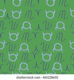 Seamless  pattern of zodiac signs, doodles,  object, taurus,aries, scorpios, . Hand drawn.