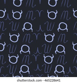 Seamless  pattern of zodiac signs, doodles,  object, taurus,aries, scorpios, . Hand drawn.