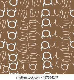 Seamless  pattern of zodiac signs, doodles,  object, taurus,aries, virgo, . Hand drawn.