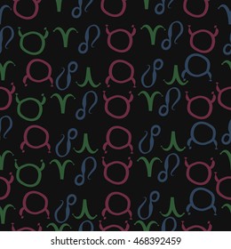 Seamless  pattern of zodiac signs, doodles,  object, taurus,aries, lions . Hand drawn.