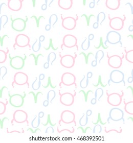 Seamless  pattern of zodiac signs, doodles,  object, taurus,aries, lions . Hand drawn.