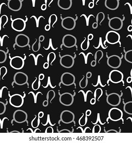 Seamless  pattern of zodiac signs, doodles,  object, taurus,aries, lions . Hand drawn.