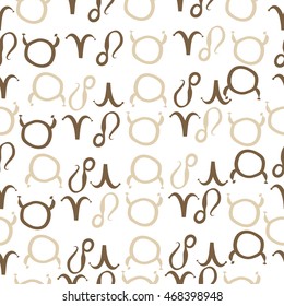 Seamless  pattern of zodiac signs, doodles,  object, taurus,aries, lions . Hand drawn.
