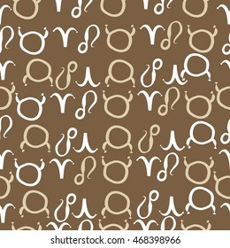 Seamless  pattern of zodiac signs, doodles,  object, taurus,aries, lions . Hand drawn.