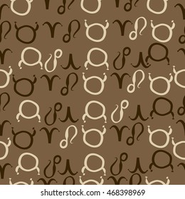 Seamless  pattern of zodiac signs, doodles,  object, taurus,aries, lions . Hand drawn.