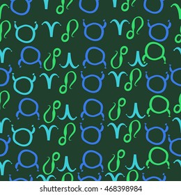 Seamless  pattern of zodiac signs, doodles,  object, taurus,aries, lions . Hand drawn.