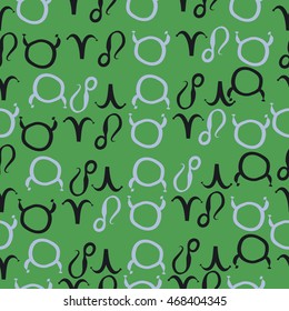 Seamless  pattern of zodiac signs, doodles,  object, taurus,aries, lions . Hand drawn.