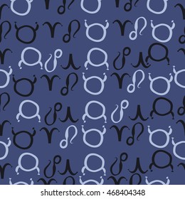Seamless  pattern of zodiac signs, doodles,  object, taurus,aries, lions . Hand drawn.