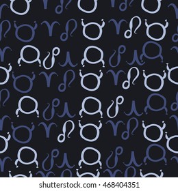 Seamless  pattern of zodiac signs, doodles,  object, taurus,aries, lions . Hand drawn.