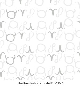 Seamless  pattern of zodiac signs, doodles,  object, taurus,aries, lions . Hand drawn.