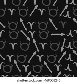 Seamless pattern of zodiac signs, doodles,  object, taurus,aries,sagittarius . Hand drawn.
