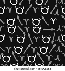 Seamless pattern of zodiac signs, doodles,  object, taurus,aries,sagittarius . Hand drawn.