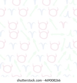 Seamless pattern of zodiac signs, doodles,  object, taurus,aries,sagittarius . Hand drawn.