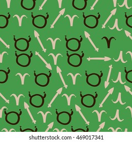 Seamless pattern of zodiac signs, doodles,  object, taurus,aries,sagittarius . Hand drawn.