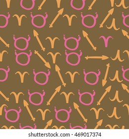 Seamless pattern of zodiac signs, doodles,  object, taurus,aries,sagittarius . Hand drawn.