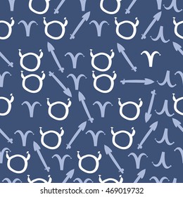 Seamless pattern of zodiac signs, doodles,  object, taurus,aries,sagittarius . Hand drawn.