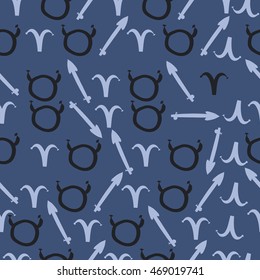 Seamless pattern of zodiac signs, doodles,  object, taurus,aries,sagittarius . Hand drawn.