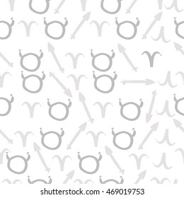 Seamless pattern of zodiac signs, doodles,  object, taurus,aries,sagittarius . Hand drawn.